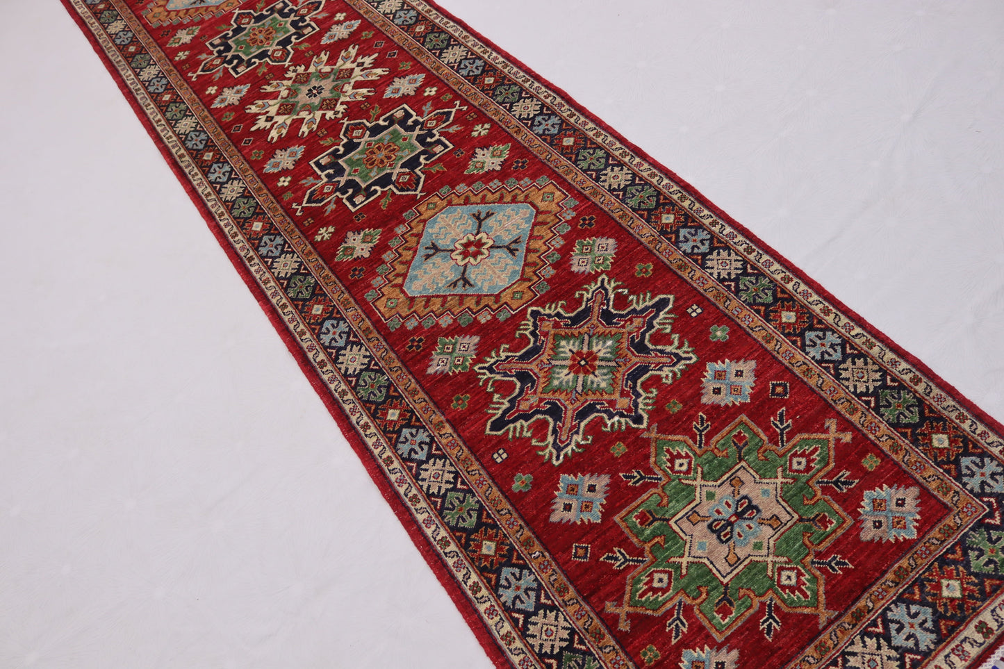 3x13 ft Red Navy blue Afghan chobi Runner rug , Handmade Wool Rug