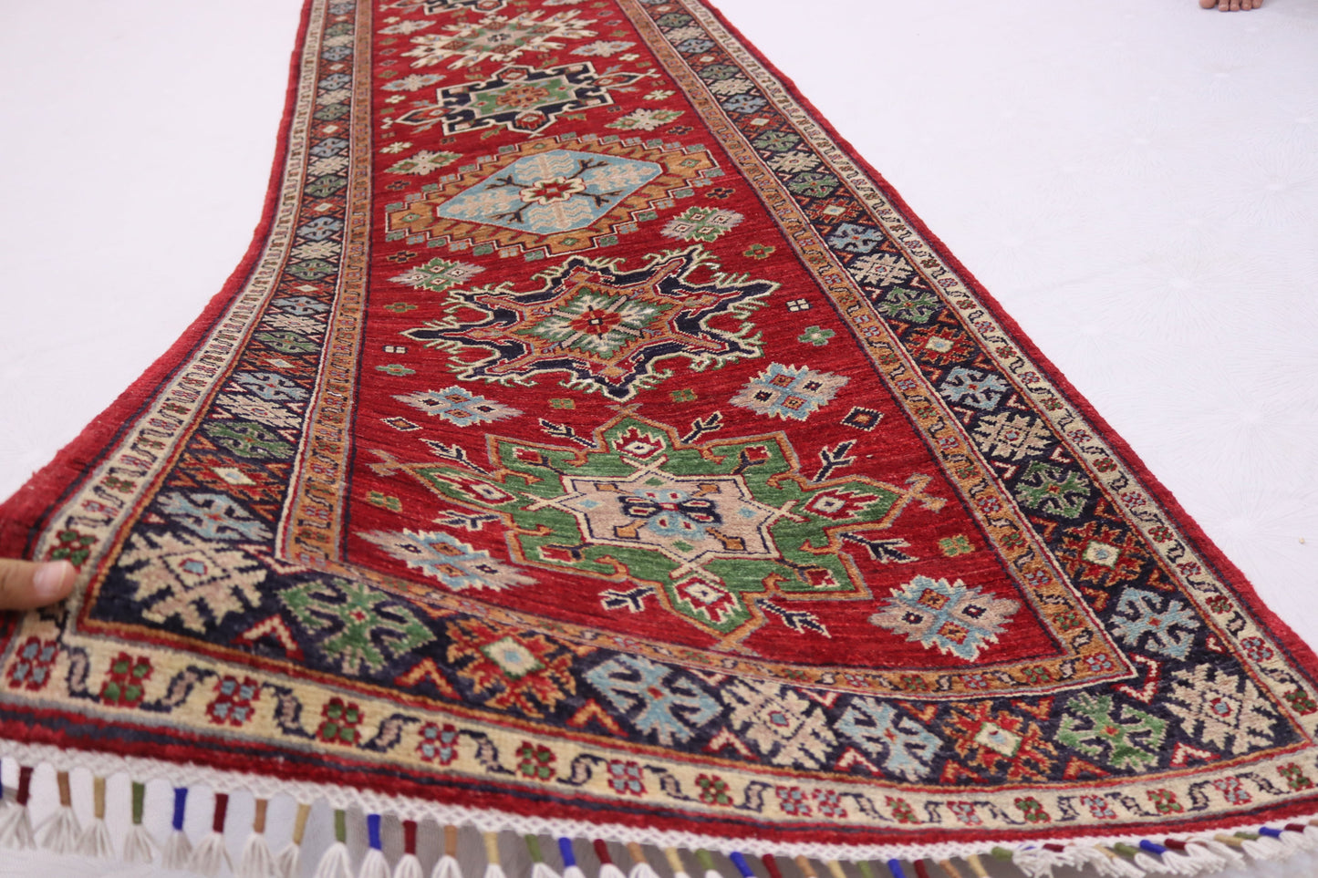 3x13 ft Red Navy blue Afghan chobi Runner rug , Handmade Wool Rug