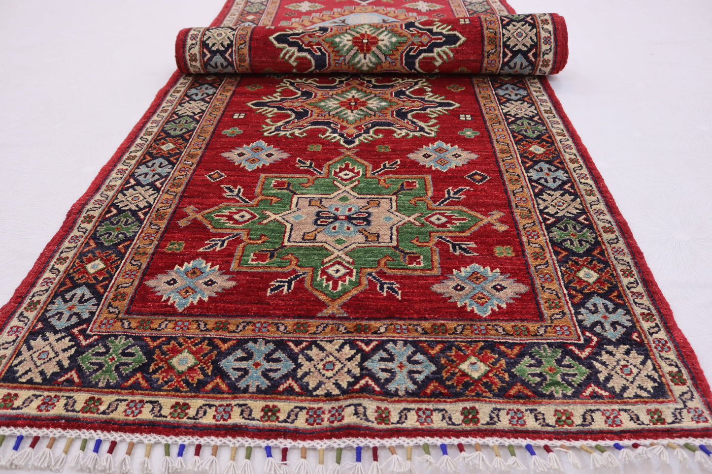 3x13 ft Red Navy blue Afghan chobi Runner rug , Handmade Wool Rug