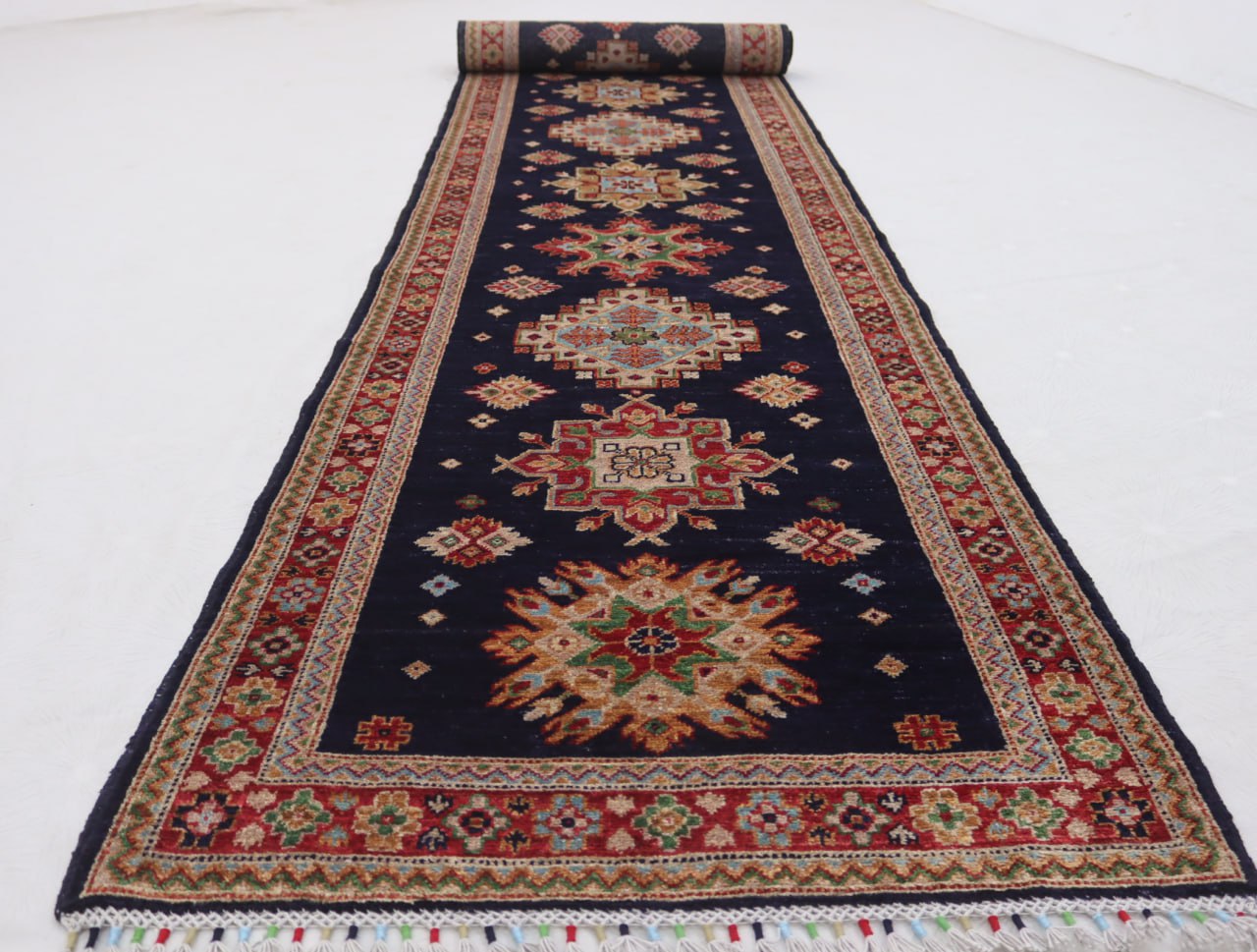 3x13 ft Navy blue Afghan chobi Runner Rug , Handmade Wool Rug