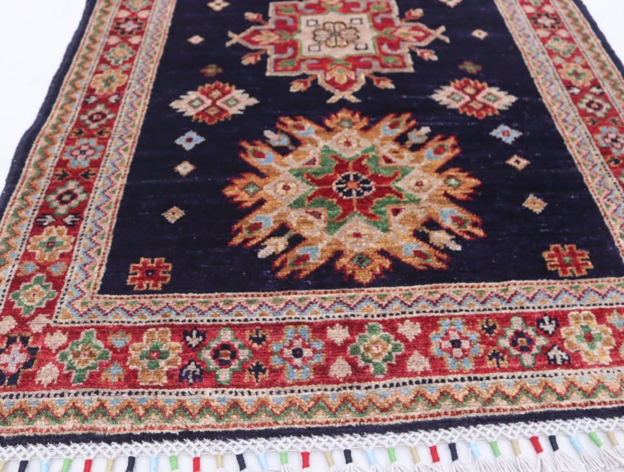 3x13 ft Navy blue Afghan chobi Runner Rug , Handmade Wool Rug