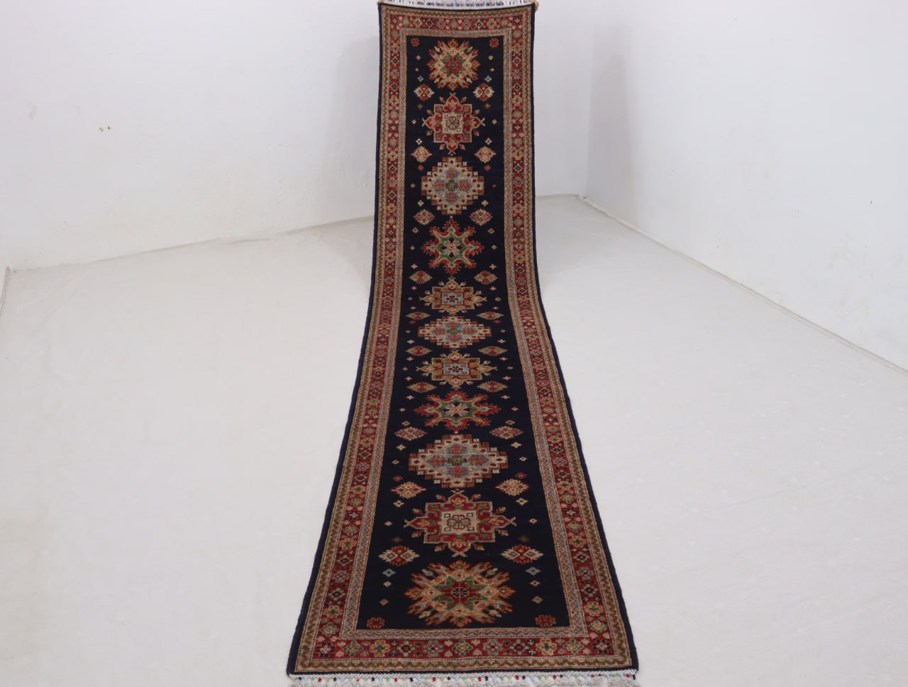 3x13 ft Navy blue Afghan chobi Runner Rug , Handmade Wool Rug