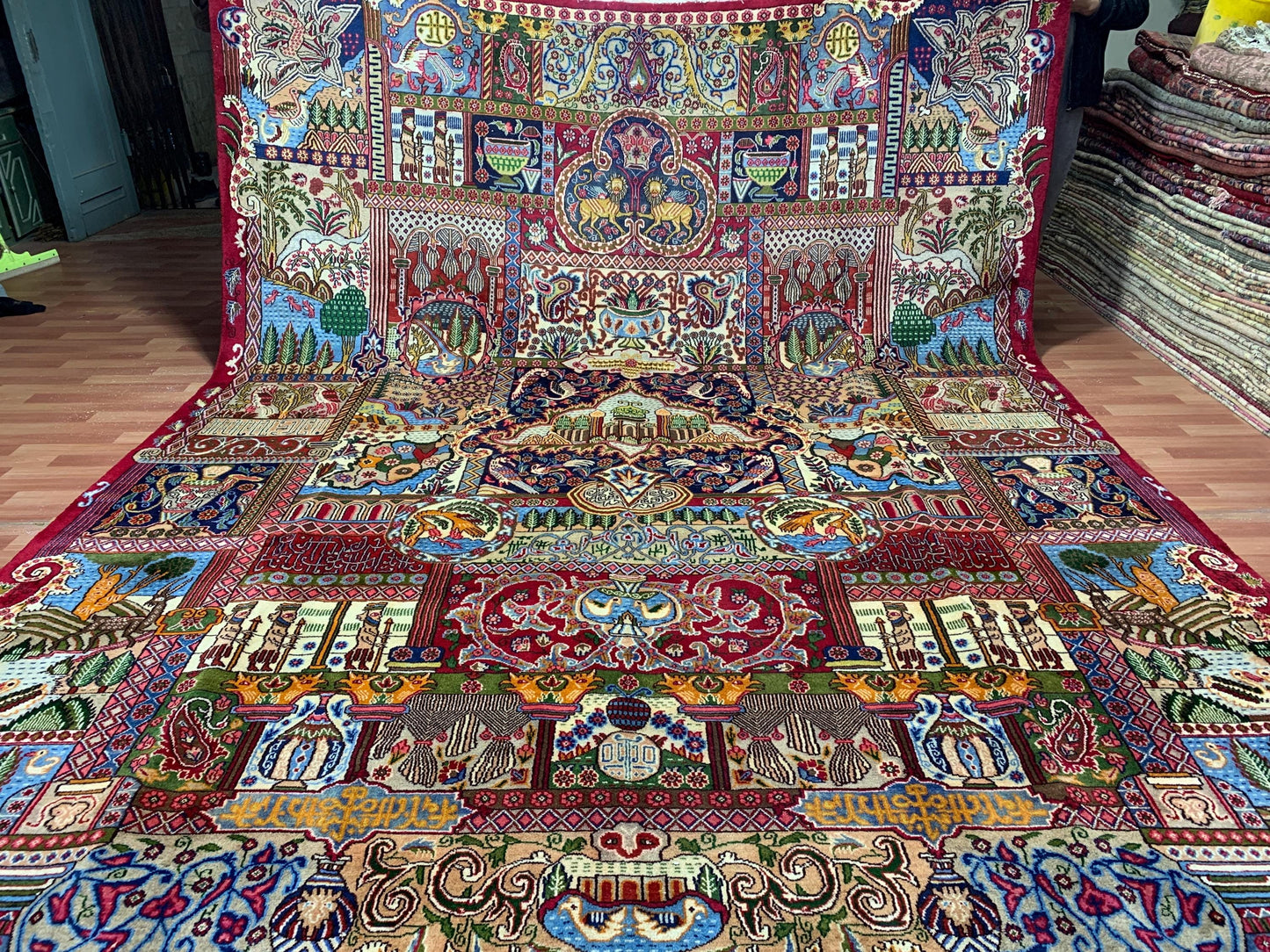 Large Pictorial Rug 10x13 ft Handmade Afghan Rug Animal Hunting Scene Rug Shikar Gah Rug High Pile