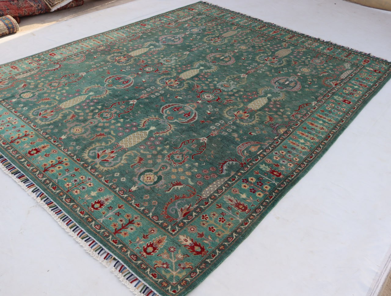 8x10 Afghan Handmade Kazak Green Area Rugs-Wool and Veg Dye