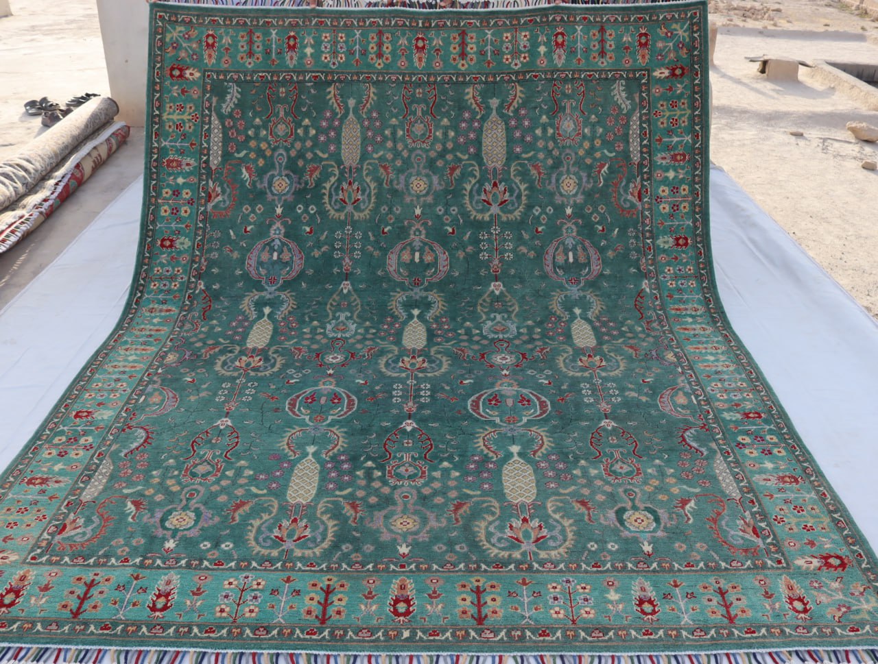 8x10 Afghan Handmade Kazak Green Area Rugs-Wool and Veg Dye