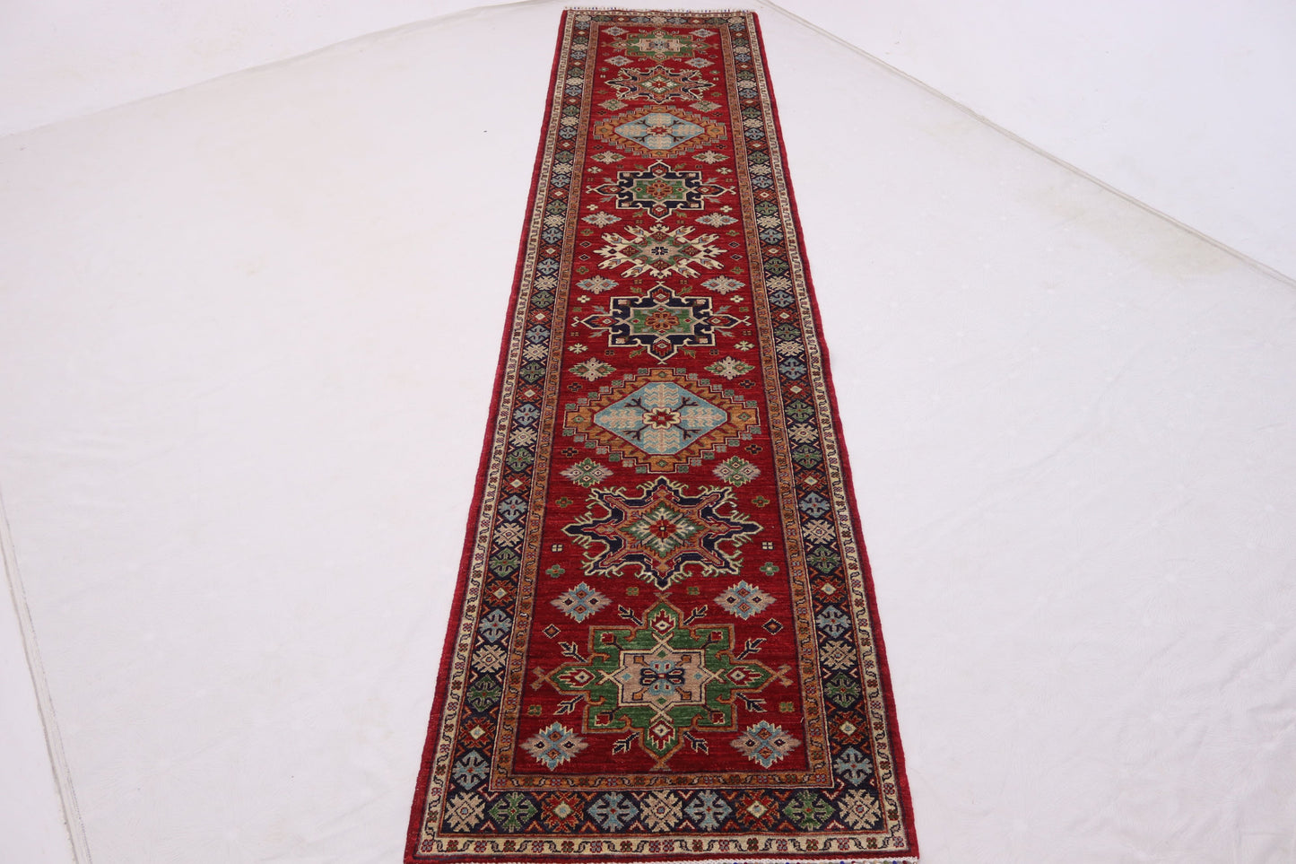 3x13 ft Red Navy blue Afghan chobi Runner rug , Handmade Wool Rug