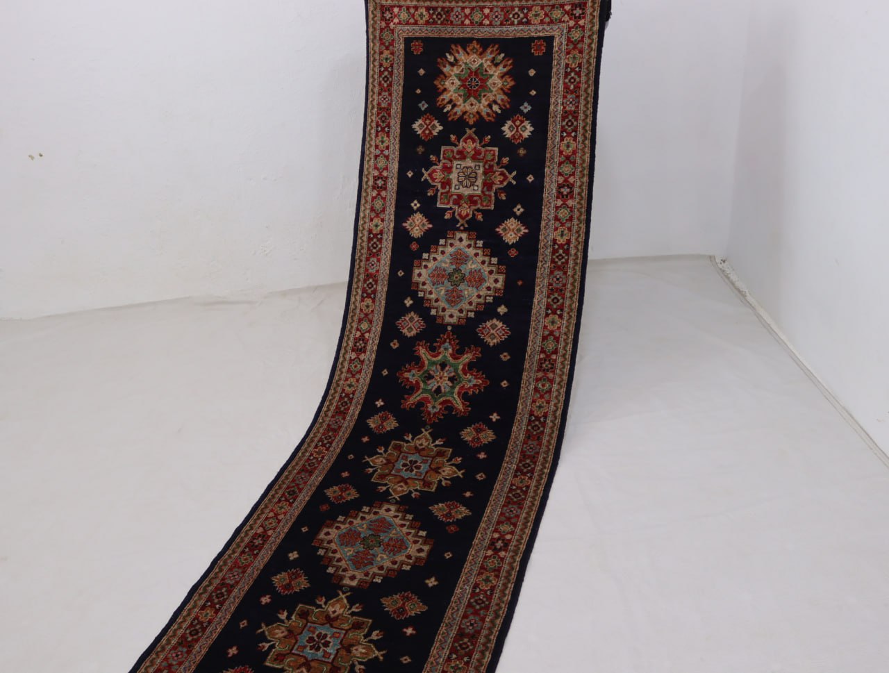 3x13 ft Navy blue Afghan chobi Runner Rug , Handmade Wool Rug