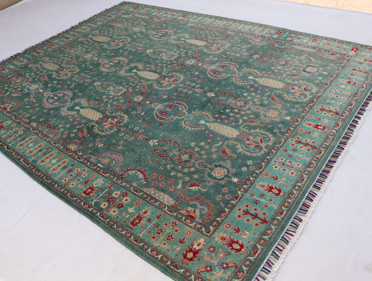 8x10 Afghan Handmade Kazak Green Area Rugs-Wool and Veg Dye