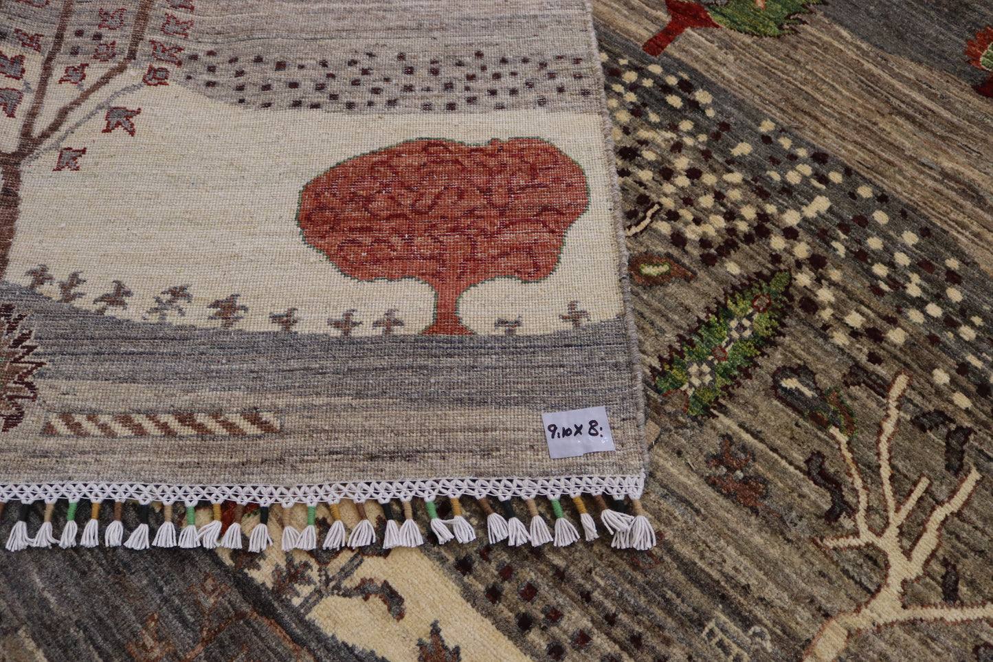 8x10 ft Tree of Life Rug – Handmade Wool Rug with Landscape Design, Animals, and Tree Motifs in Earthy Tones
