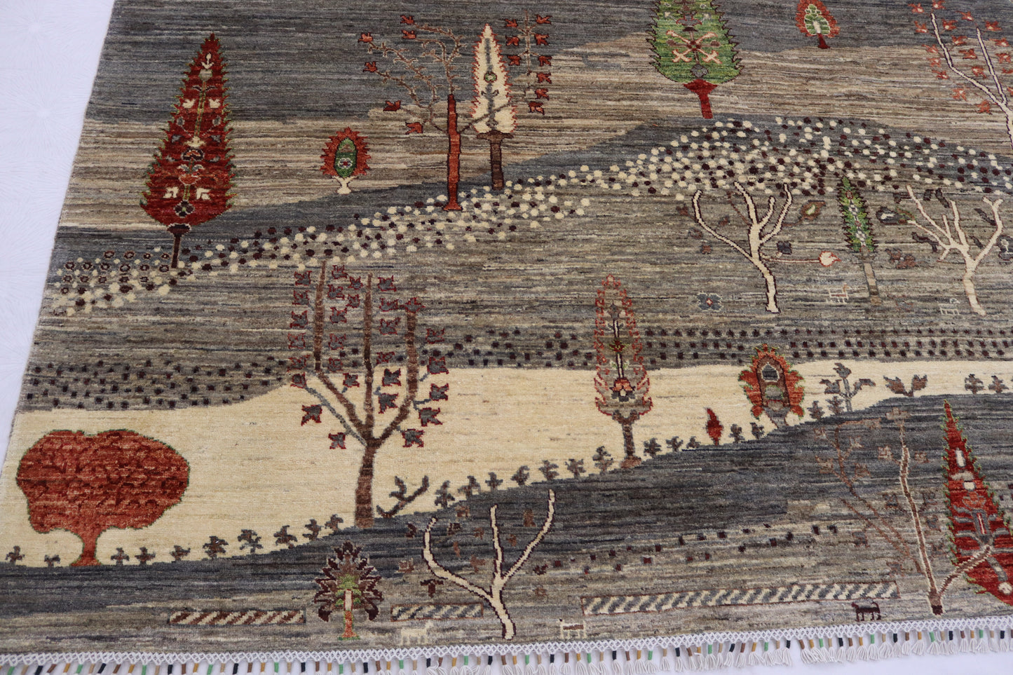 8x10 ft Tree of Life Rug – Handmade Wool Rug with Landscape Design, Animals, and Tree Motifs in Earthy Tones