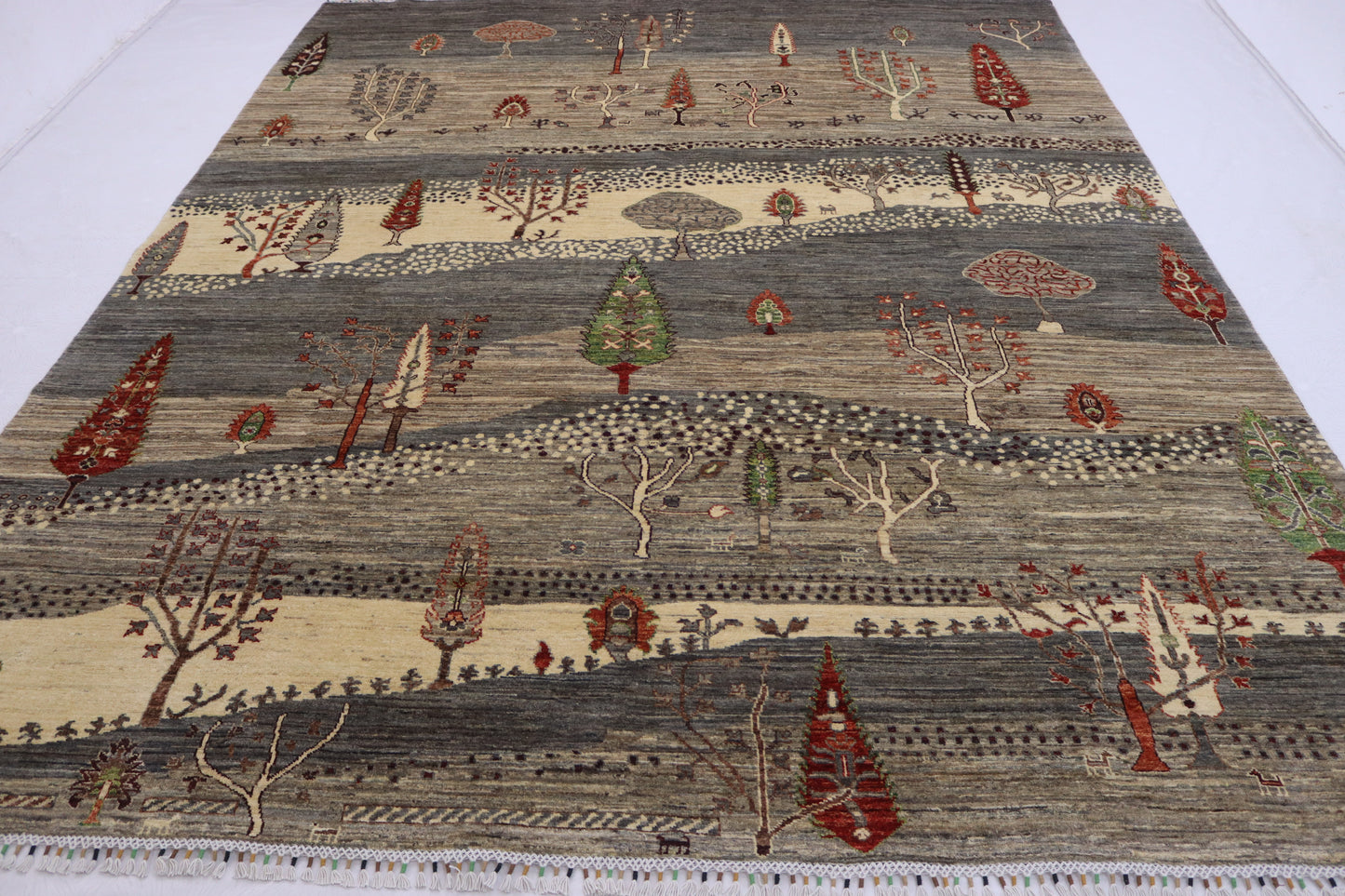 8x10 ft Tree of Life Rug – Handmade Wool Rug with Landscape Design, Animals, and Tree Motifs in Earthy Tones