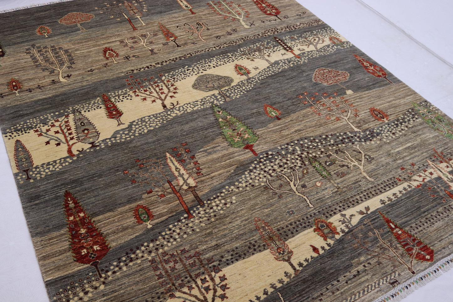8x10 ft Tree of Life Rug – Handmade Wool Rug with Landscape Design, Animals, and Tree Motifs in Earthy Tones