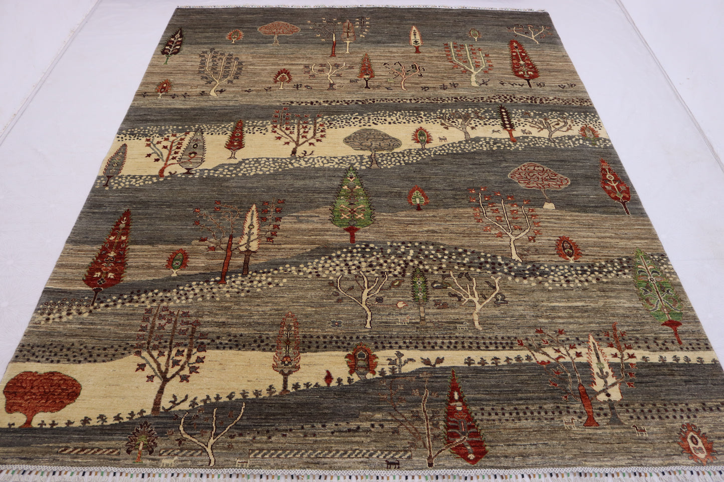 8x10 ft Tree of Life Rug – Handmade Wool Rug with Landscape Design, Animals, and Tree Motifs in Earthy Tones