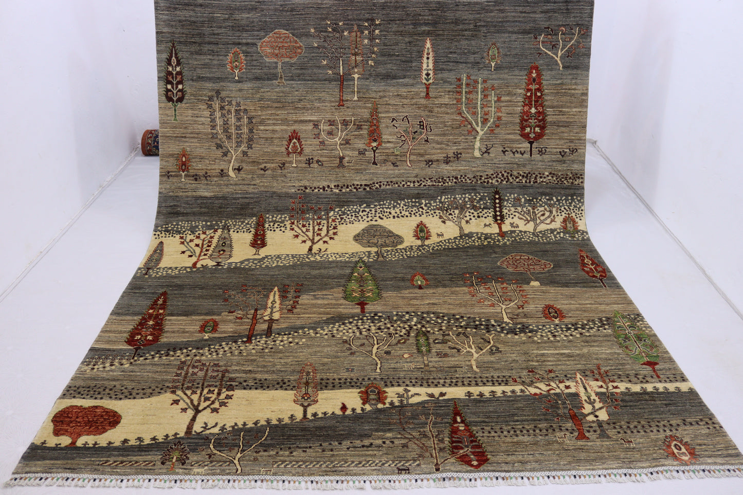 8x10 ft Tree of Life Rug – Handmade Wool Rug with Landscape Design, Animals, and Tree Motifs in Earthy Tones