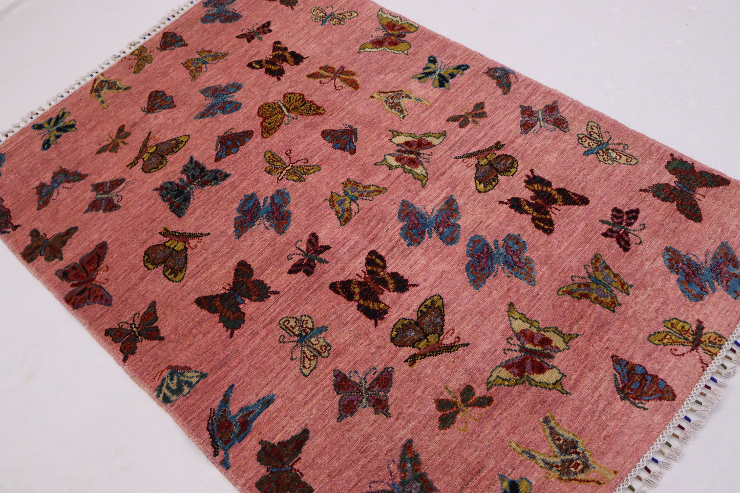 4x6 ft Butterfly Pictorial Rug, Swarm of Butterflies, Hand Knotted Afghan Rug, Kids Room Rug,