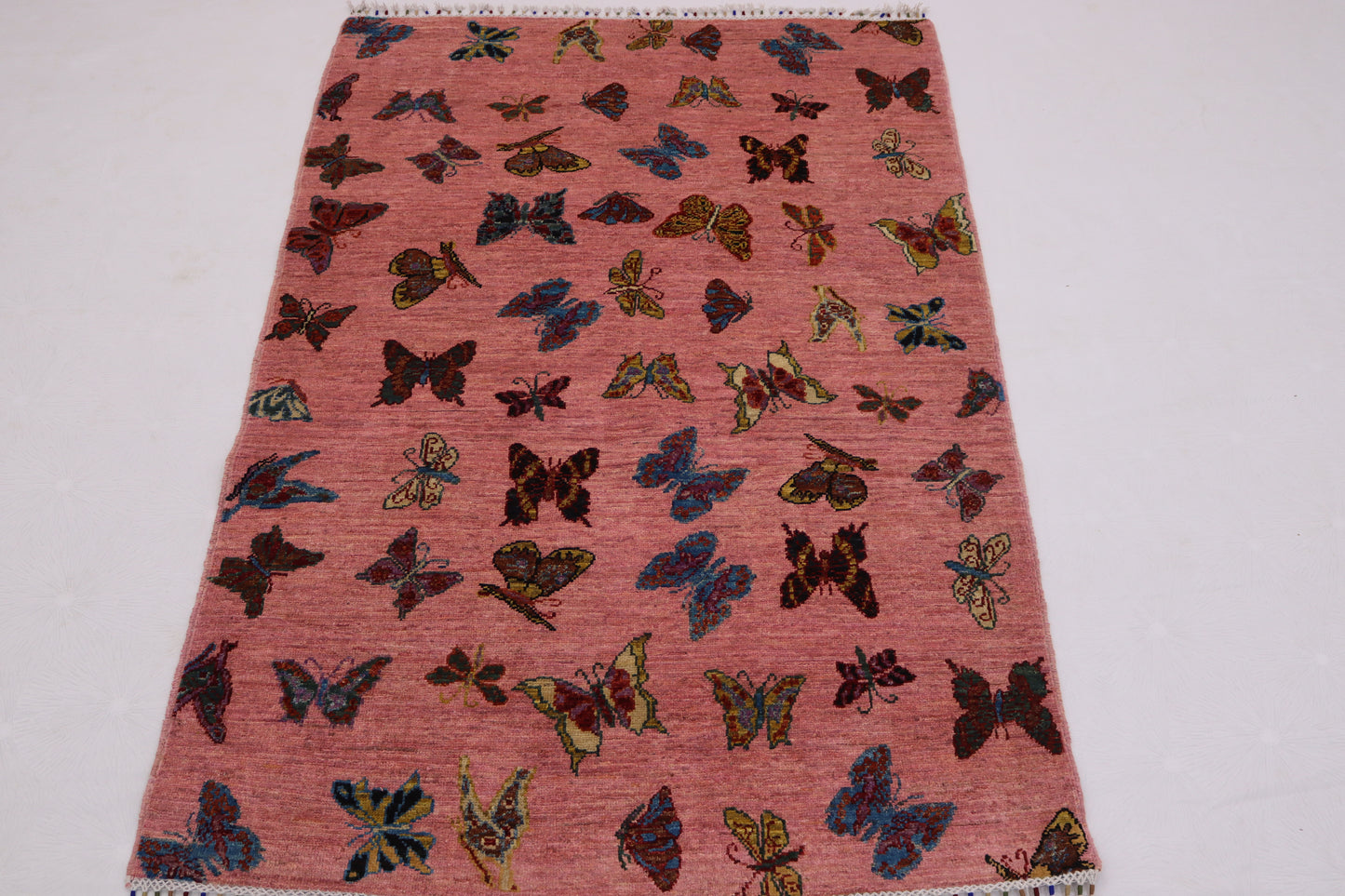 4x6 ft Butterfly Pictorial Rug, Swarm of Butterflies, Hand Knotted Afghan Rug, Kids Room Rug,