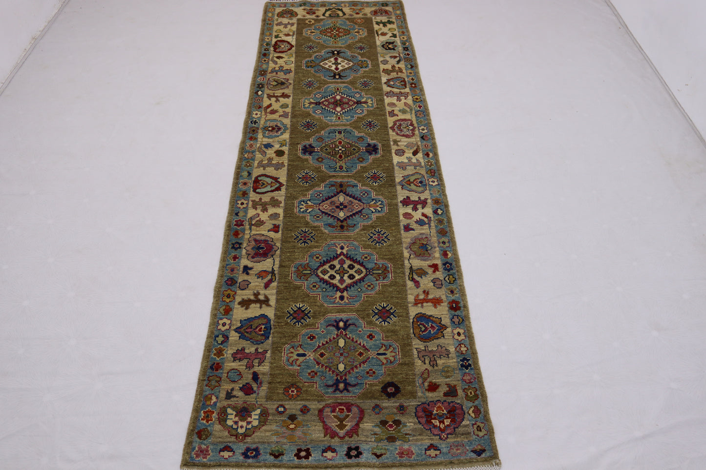 2'11x9'11 ft Beige Blue chobi runner Rug - Hand knotted Veg dyes wool traditional chobi Oriental Runner Rug