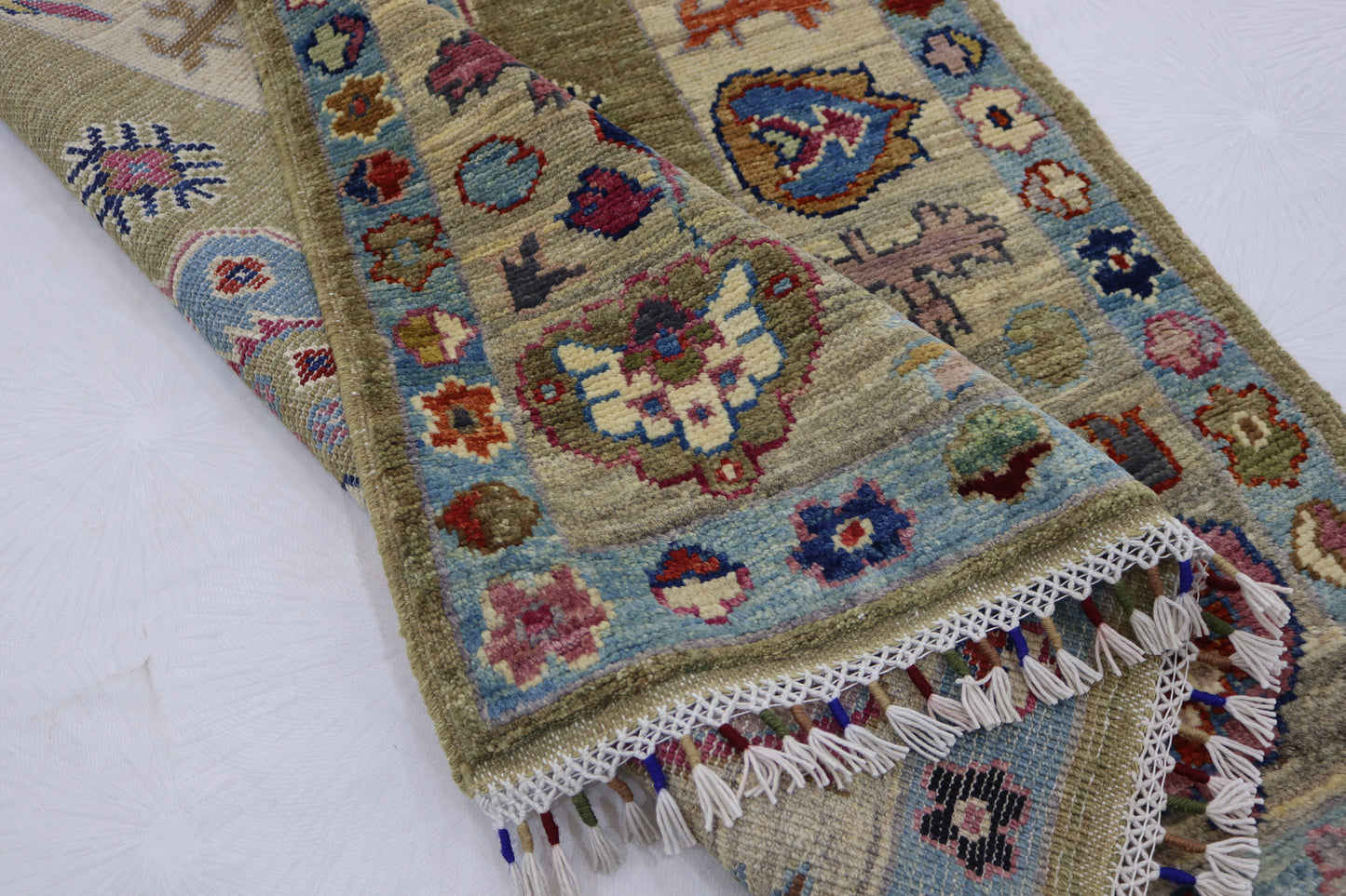 2'11x9'11 ft Beige Blue chobi runner Rug - Hand knotted Veg dyes wool traditional chobi Oriental Runner Rug