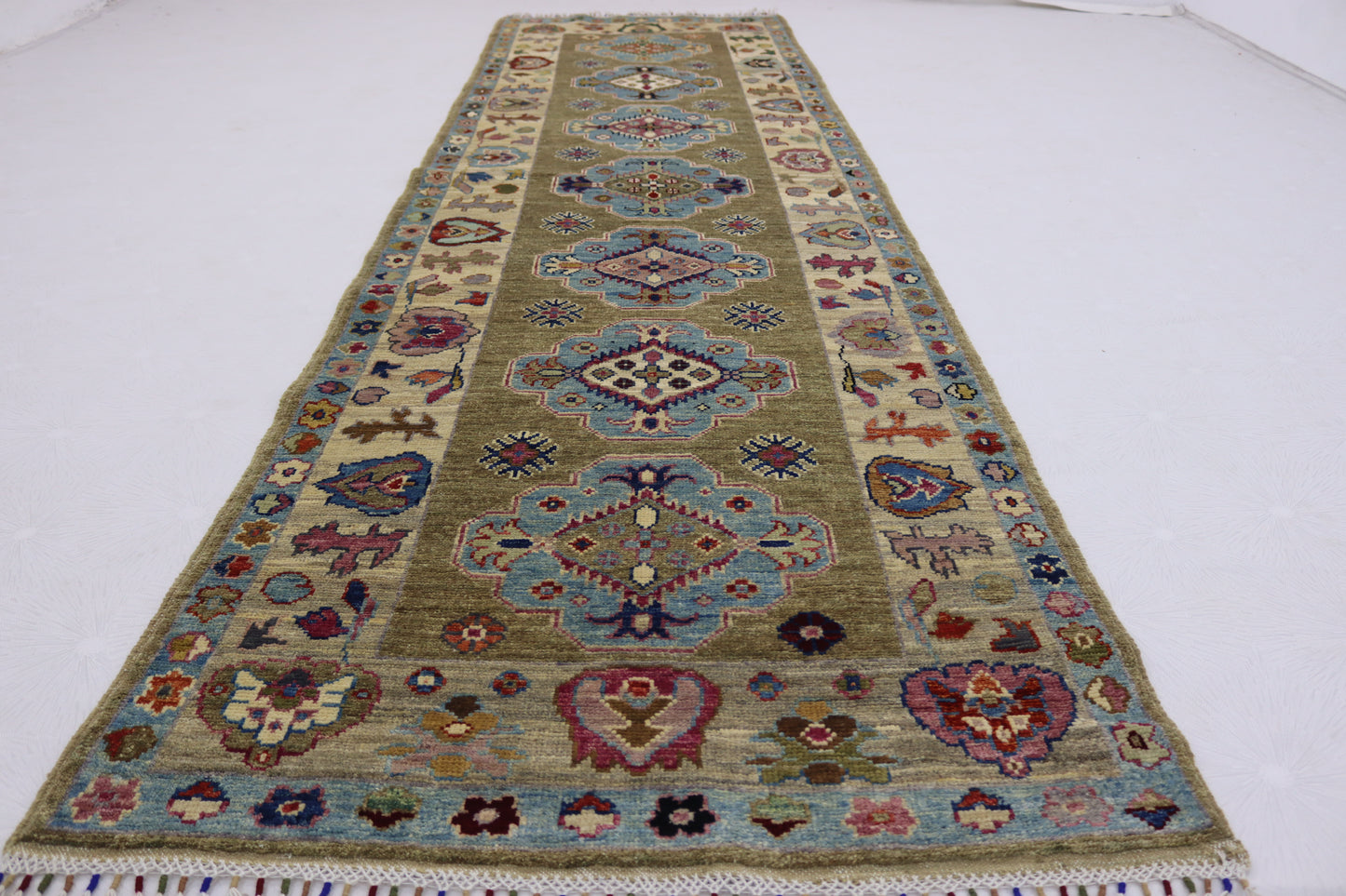 2'11x9'11 ft Beige Blue chobi runner Rug - Hand knotted Veg dyes wool traditional chobi Oriental Runner Rug