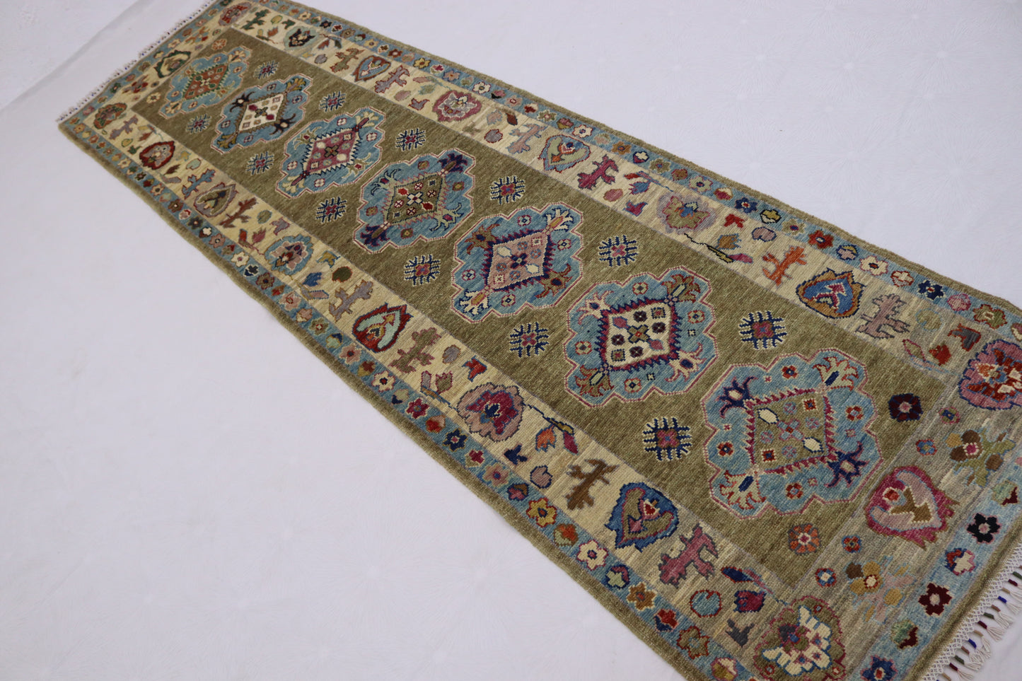 2'11x9'11 ft Beige Blue chobi runner Rug - Hand knotted Veg dyes wool traditional chobi Oriental Runner Rug