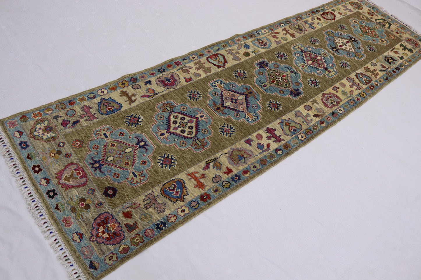 2'11x9'11 ft Beige Blue chobi runner Rug - Hand knotted Veg dyes wool traditional chobi Oriental Runner Rug