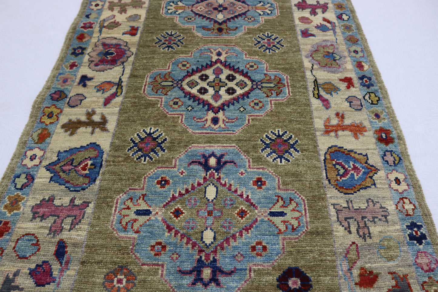 2'11x9'11 ft Beige Blue chobi runner Rug - Hand knotted Veg dyes wool traditional chobi Oriental Runner Rug