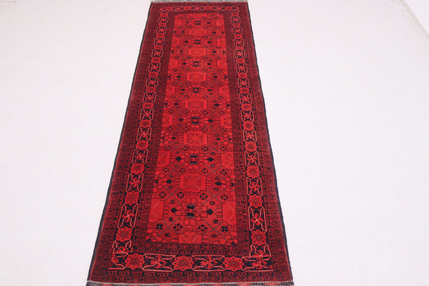 3x9 ft Vintage Geometric Bukhara Runner Rug, Handmade Wool Rug, Antique Oriental Rug