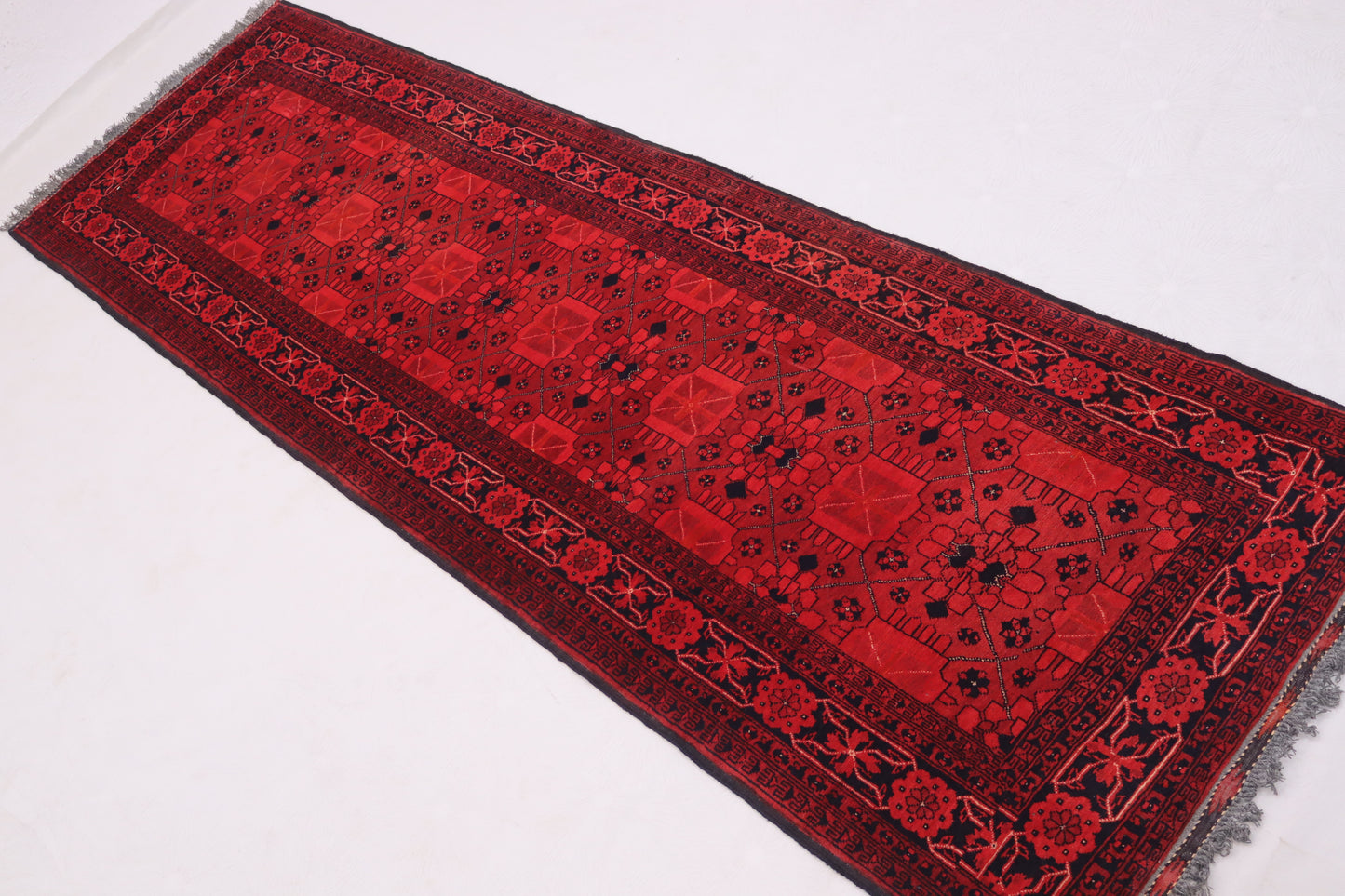 3x9 ft Vintage Geometric Bukhara Runner Rug, Handmade Wool Rug, Antique Oriental Rug