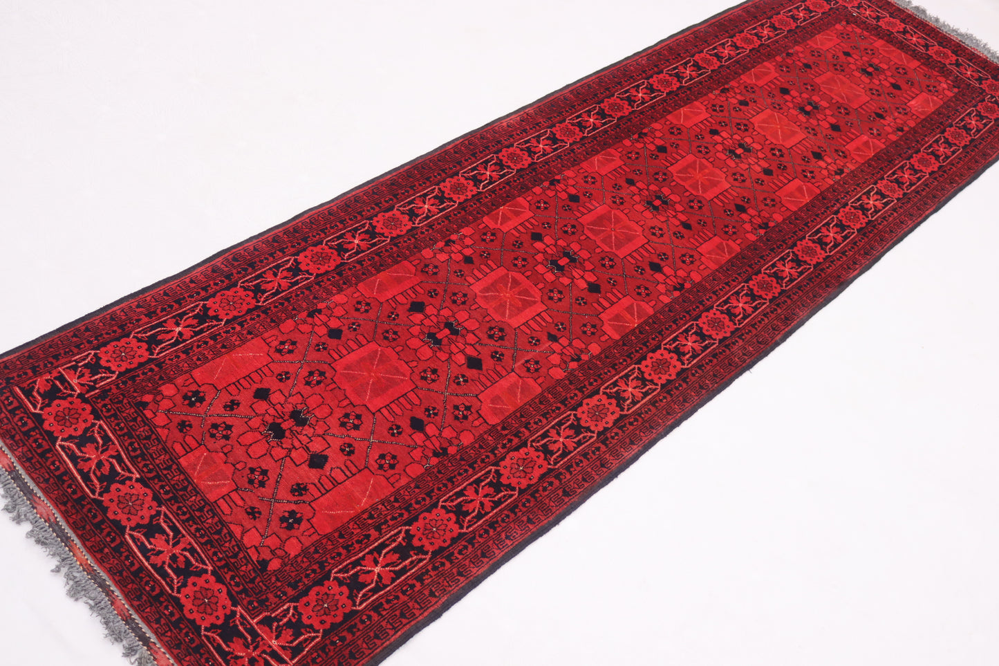 3x9 ft Vintage Geometric Bukhara Runner Rug, Handmade Wool Rug, Antique Oriental Rug