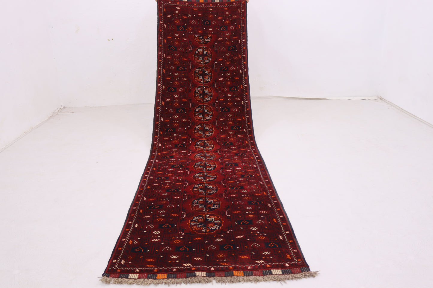 3x10 ft Vintage Turkmen Waziri Runner Rug, Red 10 ft Hallway Runner Rug