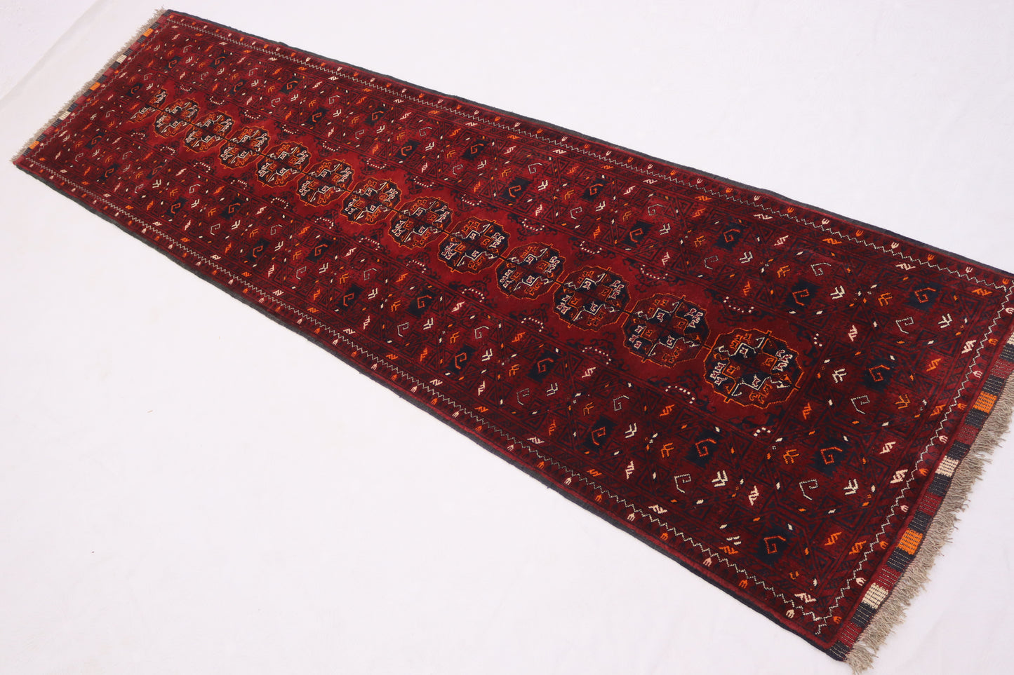 3x10 ft Vintage Turkmen Waziri Runner Rug, Red 10 ft Hallway Runner Rug