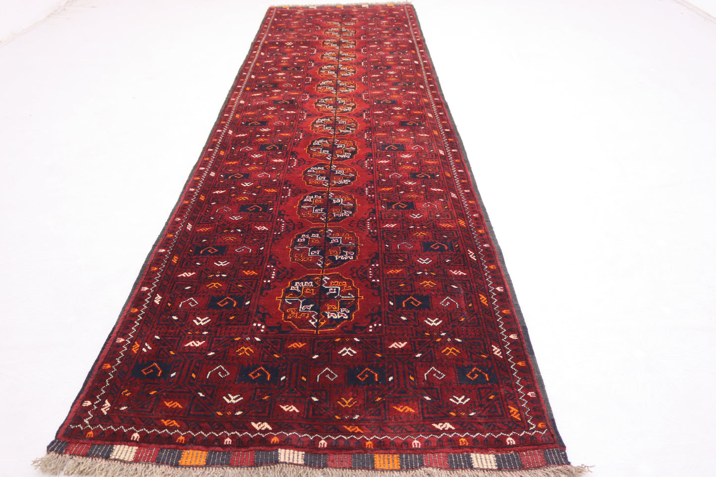 3x10 ft Vintage Turkmen Waziri Runner Rug, Red 10 ft Hallway Runner Rug