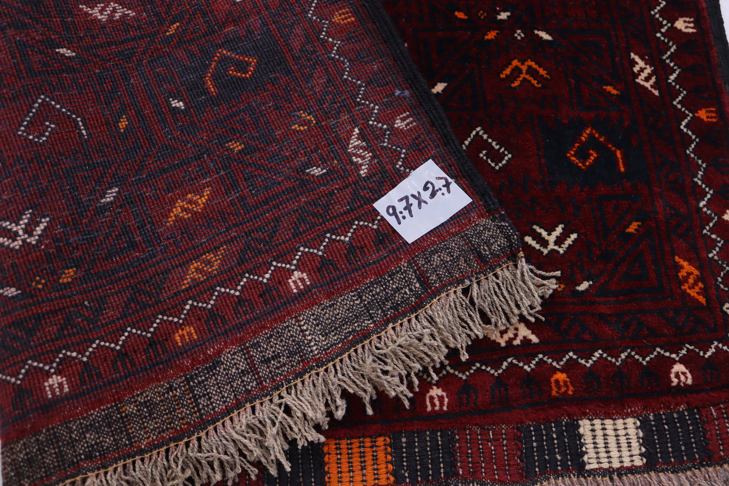 3x10 ft Vintage Turkmen Waziri Runner Rug, Red 10 ft Hallway Runner Rug