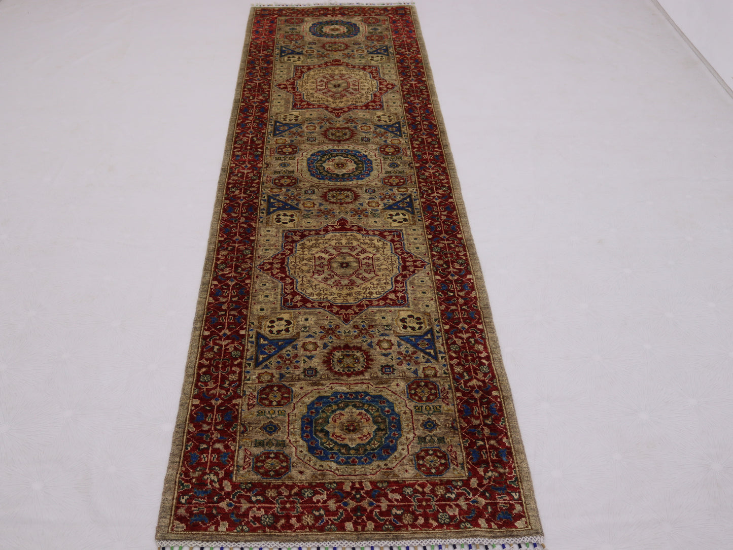 3x10 ft Mamluk runner rug, Soft pile Narrow Hallway rug, Afghan; medallion chobi vege dyes wool rug