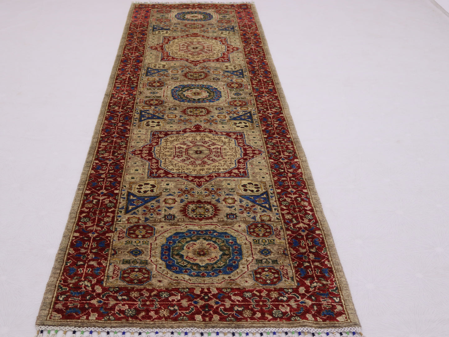 3x10 ft Mamluk runner rug, Soft pile Narrow Hallway rug, Afghan; medallion chobi vege dyes wool rug