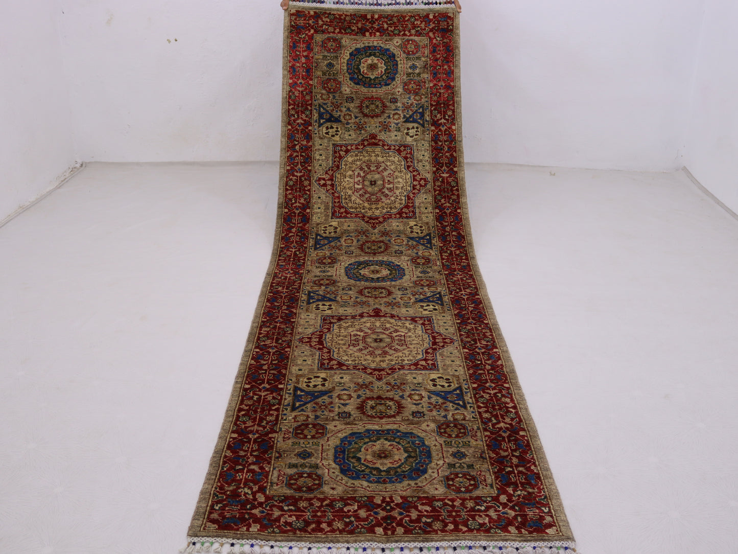 3x10 ft Mamluk runner rug, Soft pile Narrow Hallway rug, Afghan; medallion chobi vege dyes wool rug