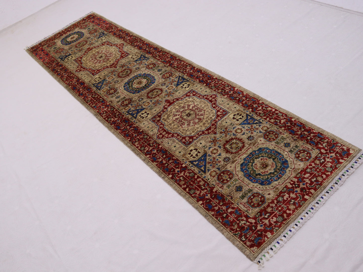 3x10 ft Mamluk runner rug, Soft pile Narrow Hallway rug, Afghan; medallion chobi vege dyes wool rug