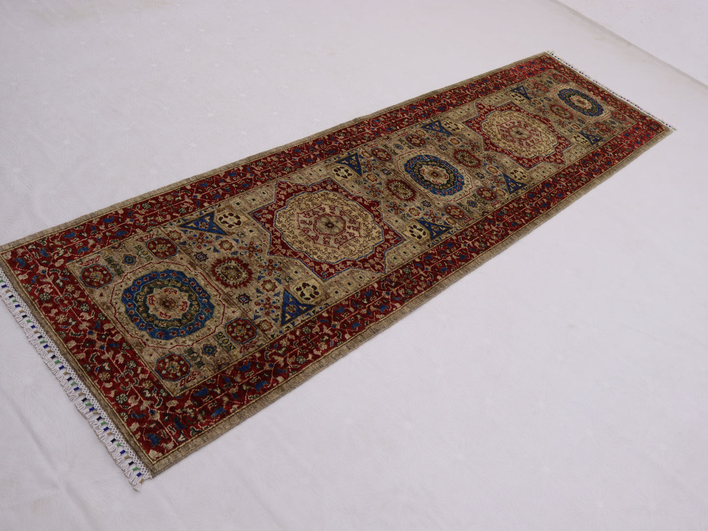 3x10 ft Mamluk runner rug, Soft pile Narrow Hallway rug, Afghan; medallion chobi vege dyes wool rug