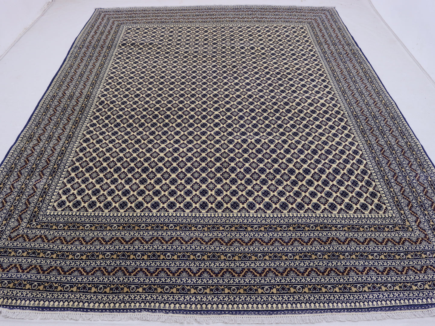 9x12ft Beige Blue Bokhara Rug- khawaja Roshnaye Design