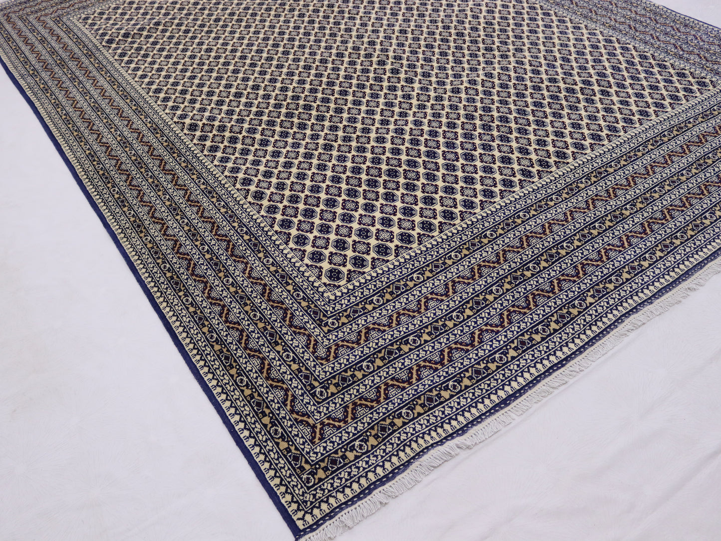 9x12ft Beige Blue Bokhara Rug- khawaja Roshnaye Design