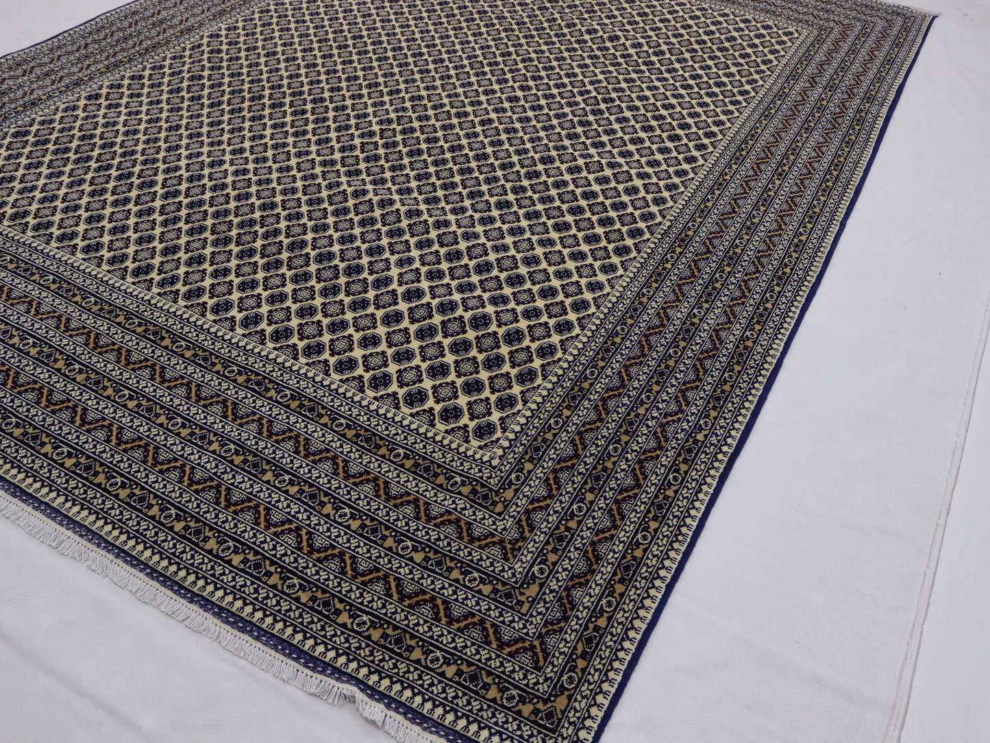 9x12ft Beige Blue Bokhara Rug- khawaja Roshnaye Design
