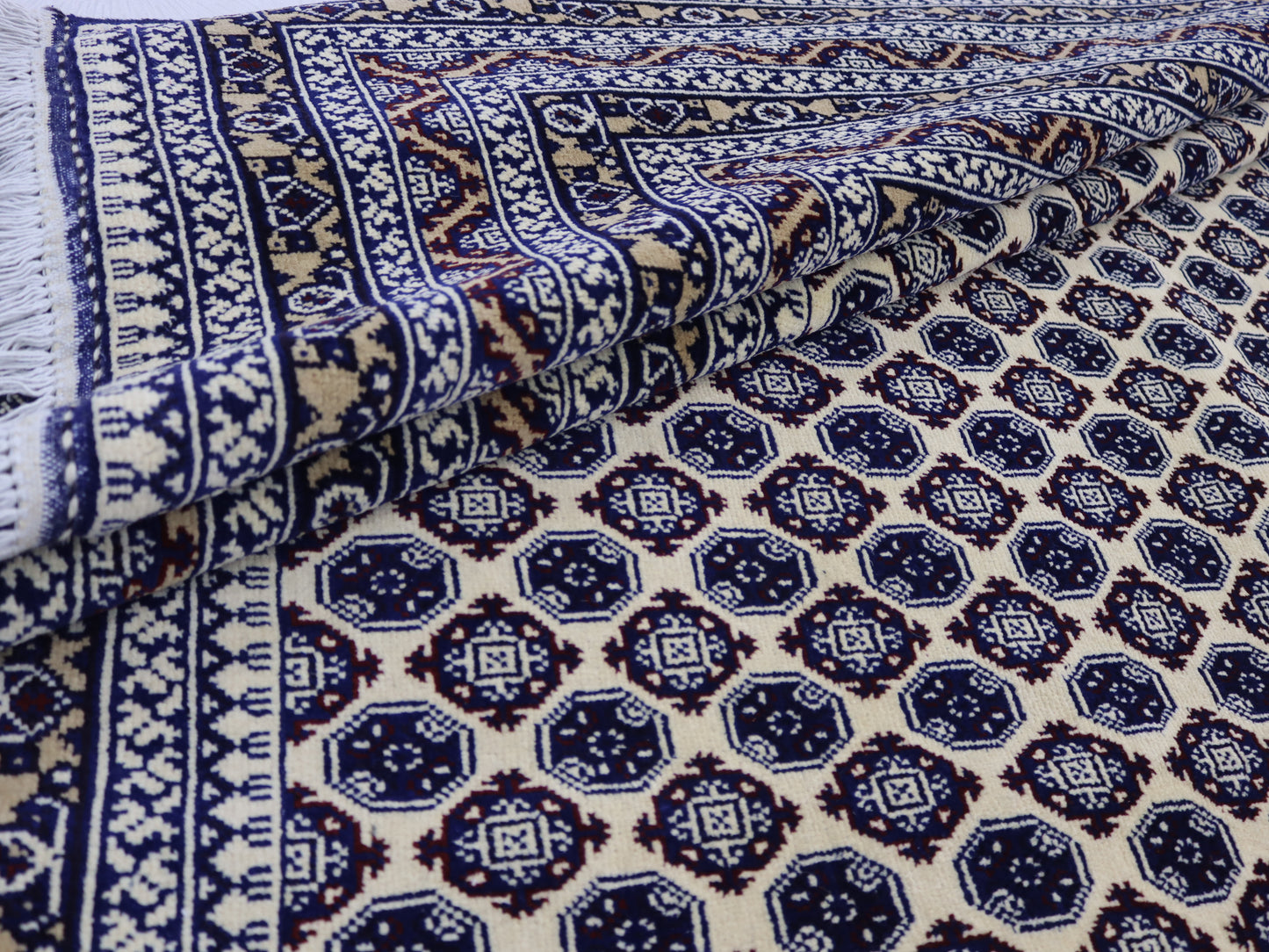 9x12ft Beige Blue Bokhara Rug- khawaja Roshnaye Design