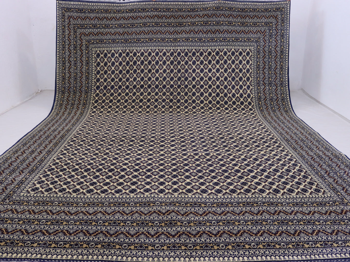 9x12ft Beige Blue Bokhara Rug- khawaja Roshnaye Design