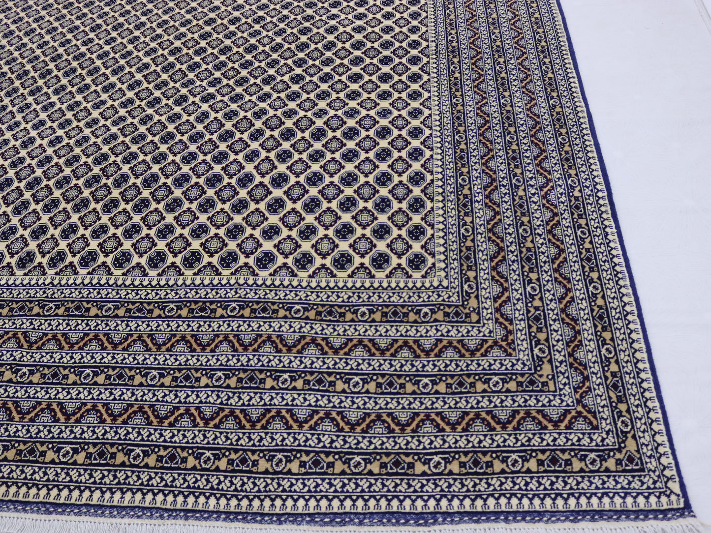 9x12ft Beige Blue Bokhara Rug- khawaja Roshnaye Design