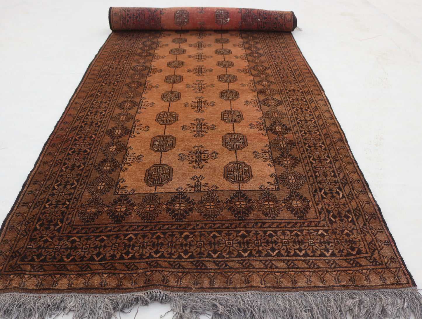 3x9 ft Terracotta Antique Rug 9 ft Runner Rug, Turkmen Handmade old Wool Rug, Hallway Runner