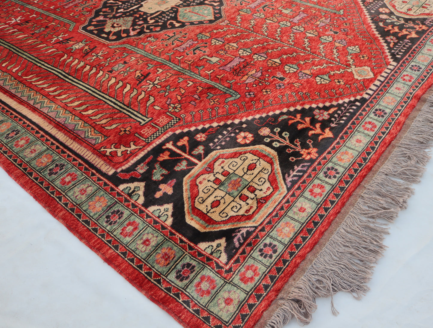 9x10 ft Afghan Oriental Caucasian design Geometric Rug , Turkmen Handmade Wool Area Rug, for Bedroom, Living Room, Bohemian Rug
