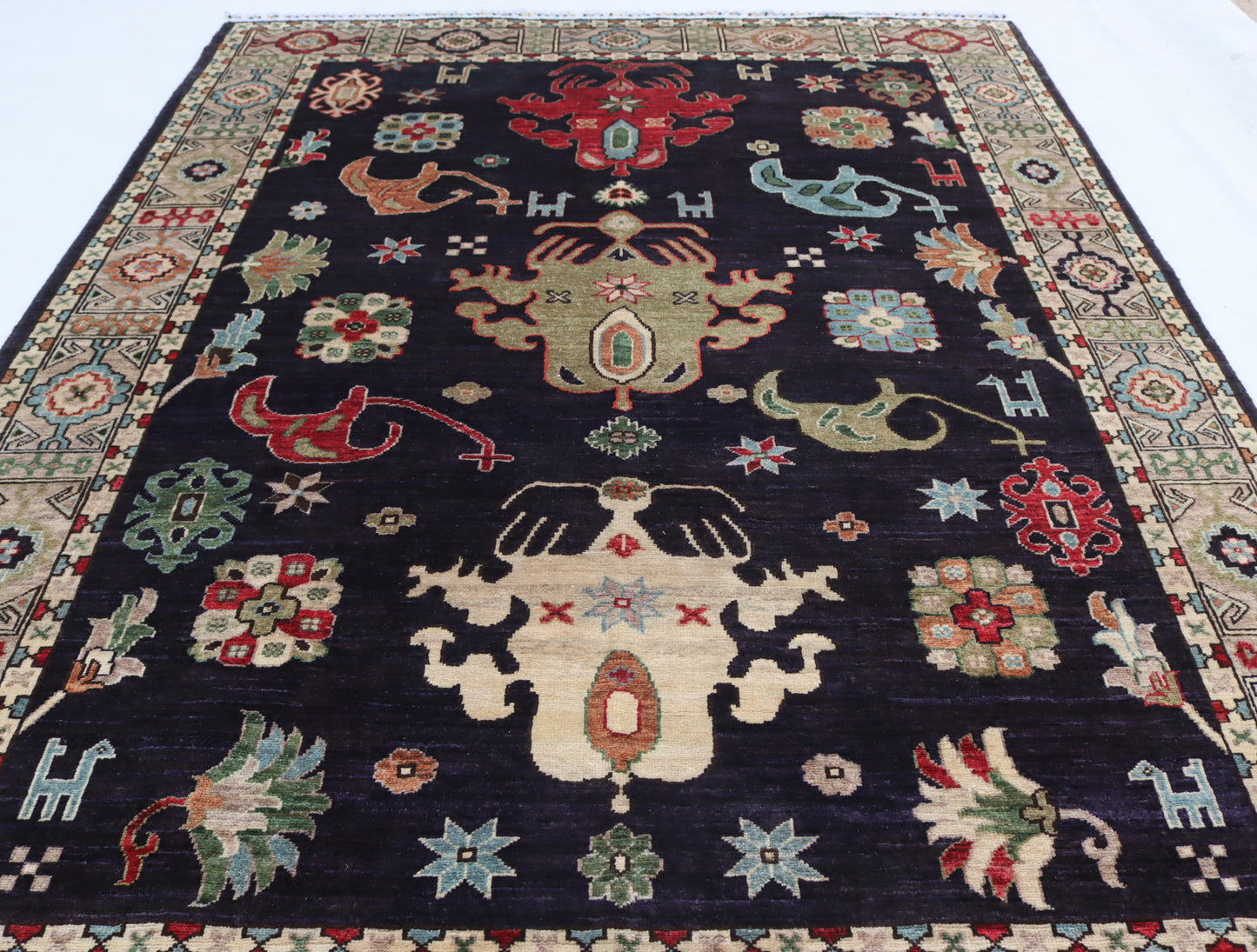 6x7 ft Navy blue Indo Oushak Rug – Hand-Knotted Wool Rug – Luxurious Moss navy blue Rug , for Living Room, Bedroom & Dining Hall