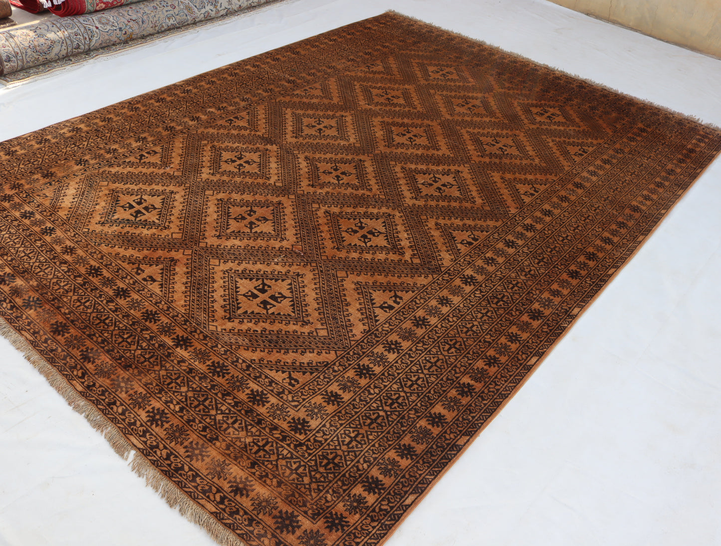 7x10 ft 1980s Antique Rug , Terracotta Afghan Handmade Rug, Turkmen Bukhara Rug, good pile Wool Faded Vintage Rug, Living Room, Bedroom Rug