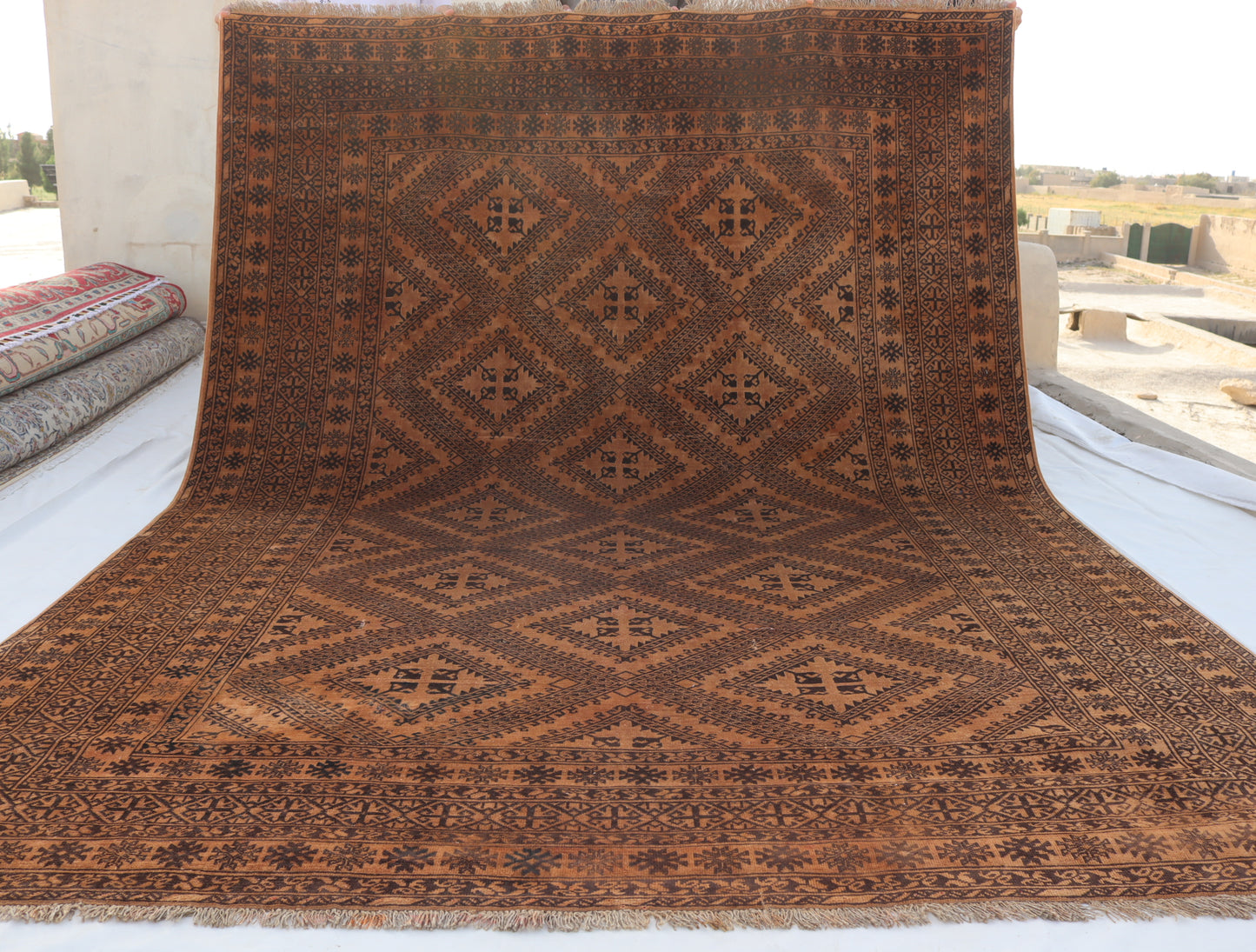 7x10 ft 1980s Antique Rug , Terracotta Afghan Handmade Rug, Turkmen Bukhara Rug, good pile Wool Faded Vintage Rug, Living Room, Bedroom Rug