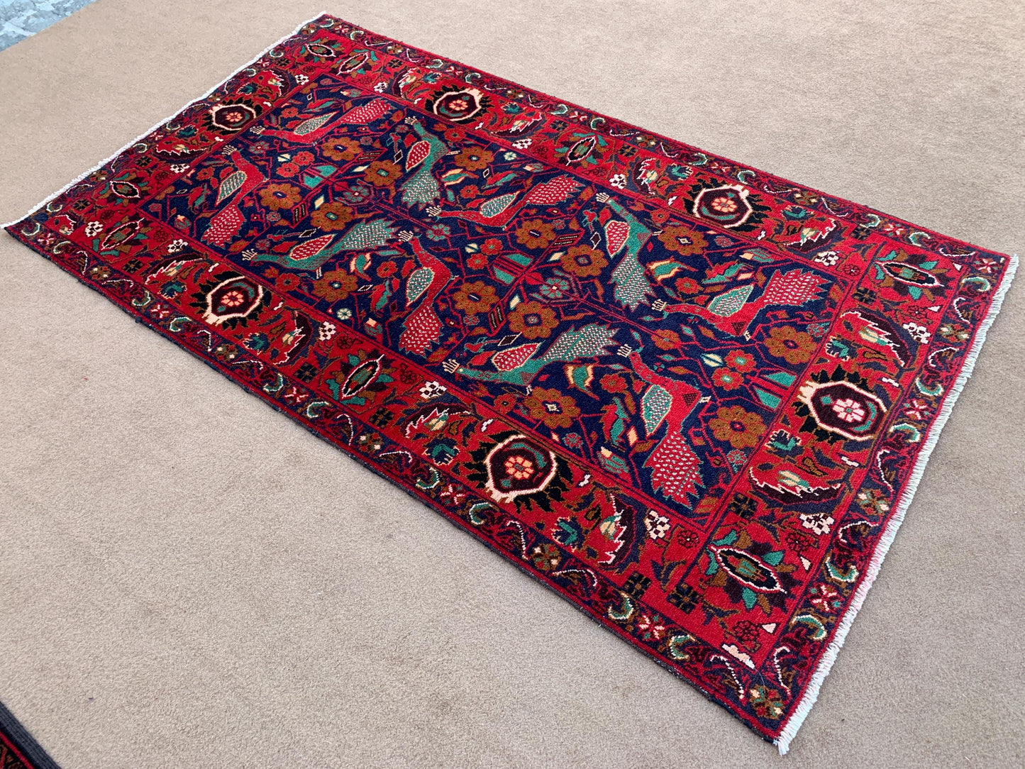Pictorial Vintage Rug 4x6 Animal Birds Dark Blue Red Baluchi Wool Rug